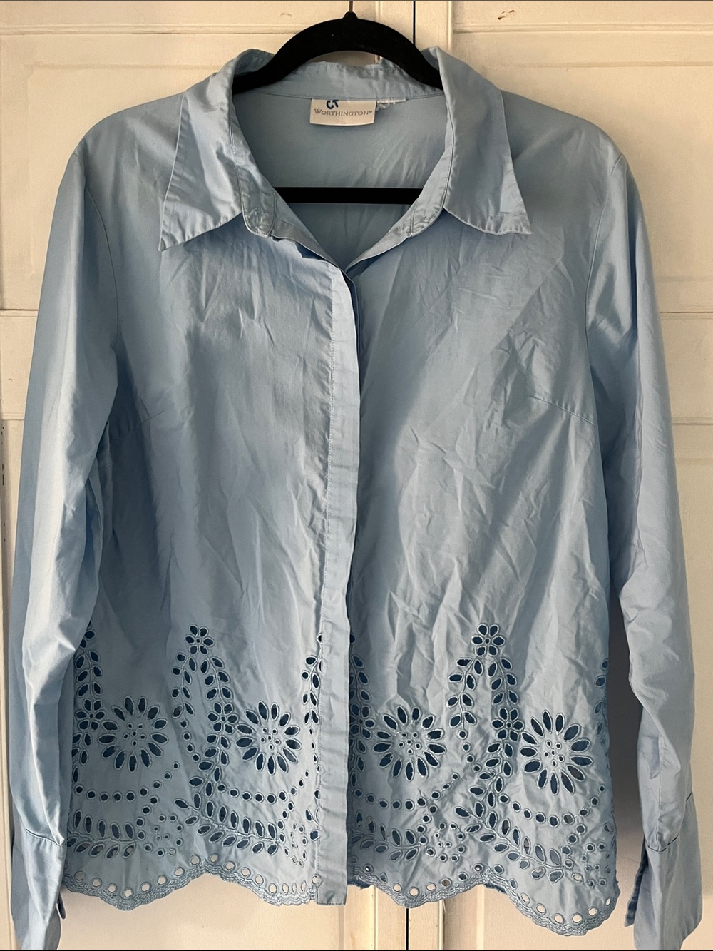 Worthington Light Blue Eyelet Hem Button-Down Shirt